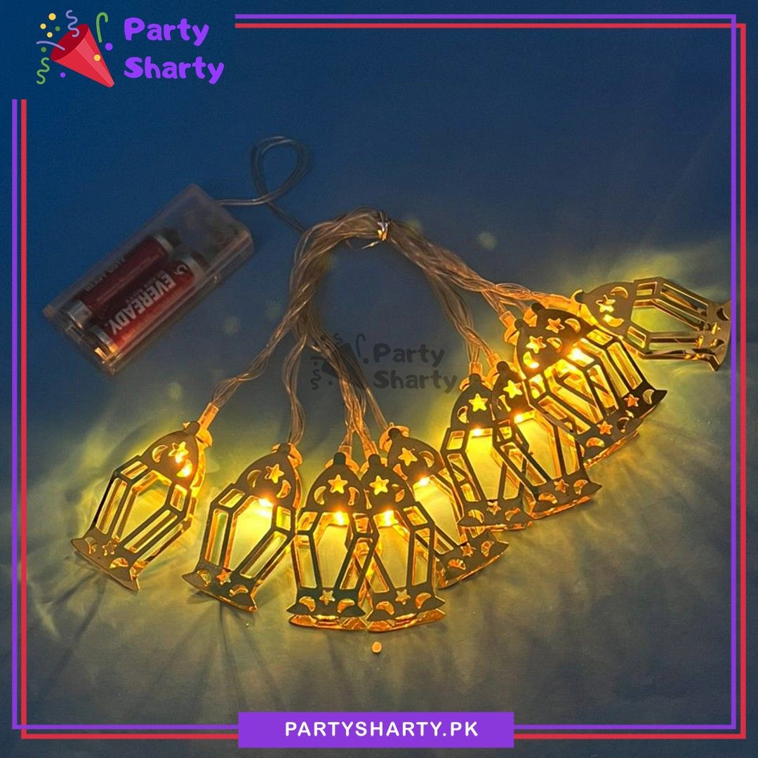 2AA Battery Operated Golden Stylish Lantern Shaped Metal LED String Lights For Ramadan / Eid Festival & Celebration