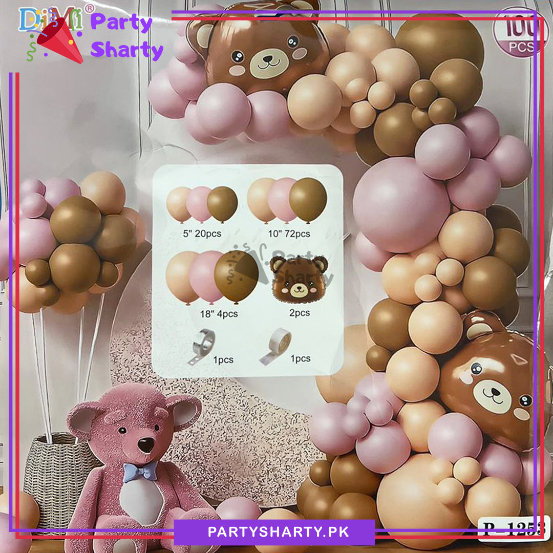 100pcs Baby Pink, Apricot & Mocha Brown with Teddy Bear Head Foil Balloons Garland Theme Set For Party Decoration And Celebration