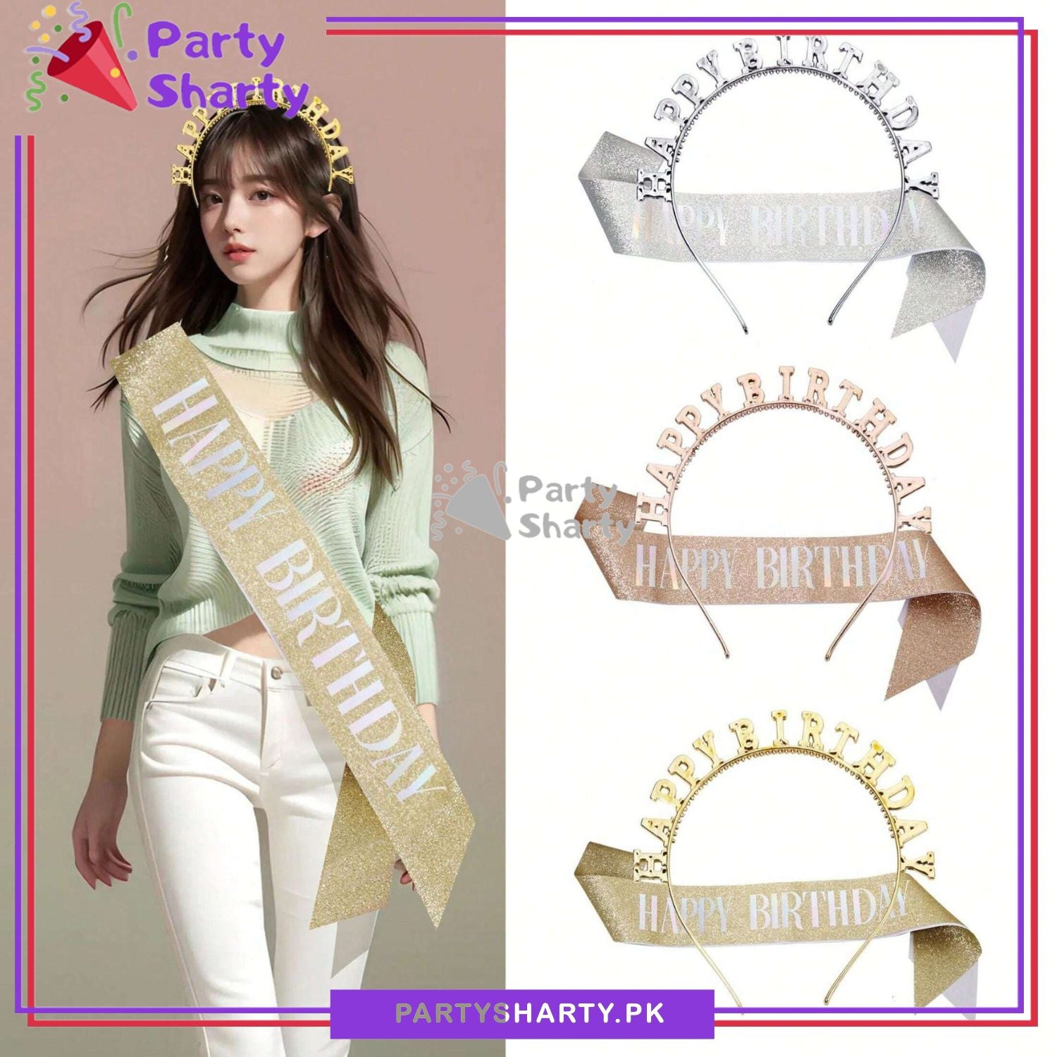 2pcs/Set Happy Birthday Glittered Sash with Rhinestones Hairband For Birthday Party Event and Celebration