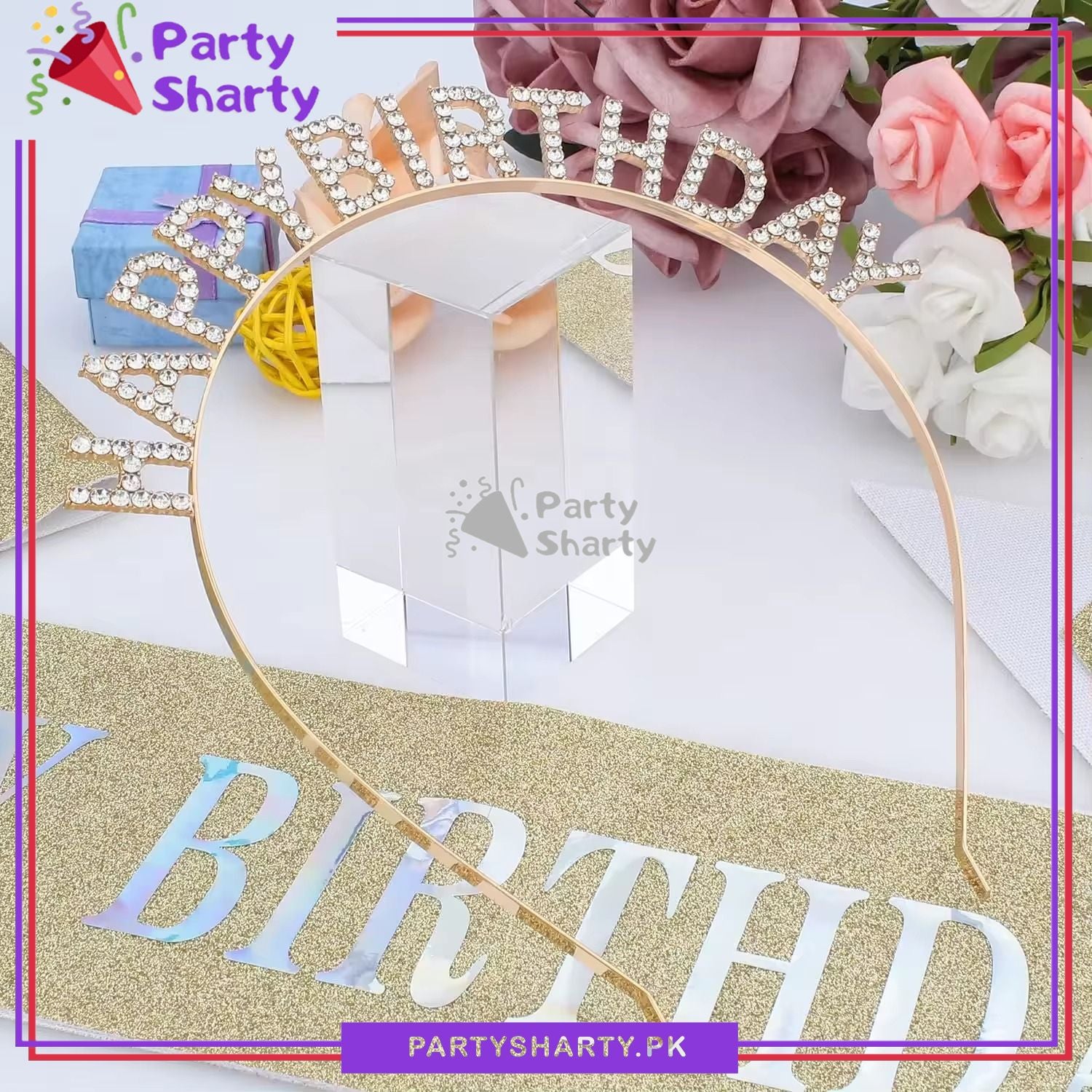 2pcs/Set Happy Birthday Glittered Sash with Rhinestones Hairband For Birthday Party Event and Celebration