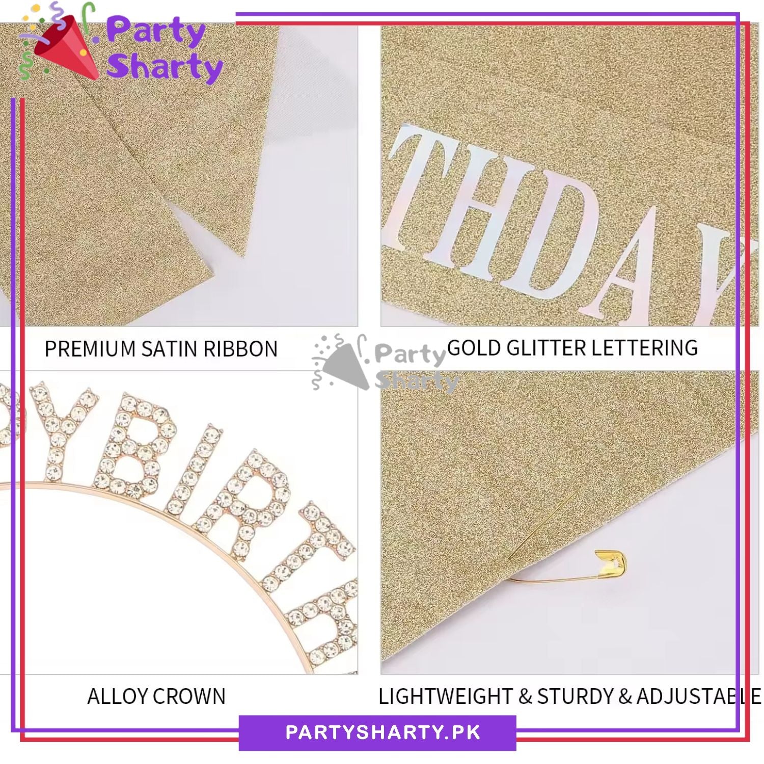 2pcs/Set Happy Birthday Glittered Sash with Rhinestones Hairband For Birthday Party Event and Celebration