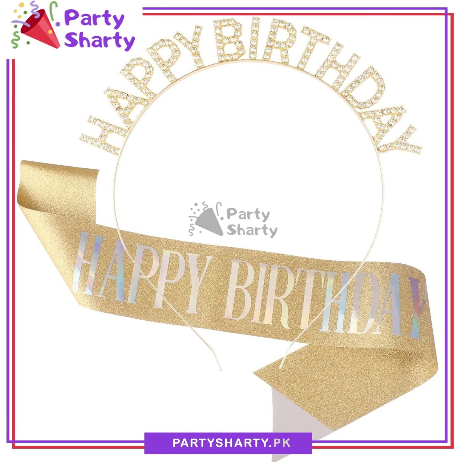 2pcs/Set Happy Birthday Glittered Sash with Rhinestones Hairband For Birthday Party Event and Celebration