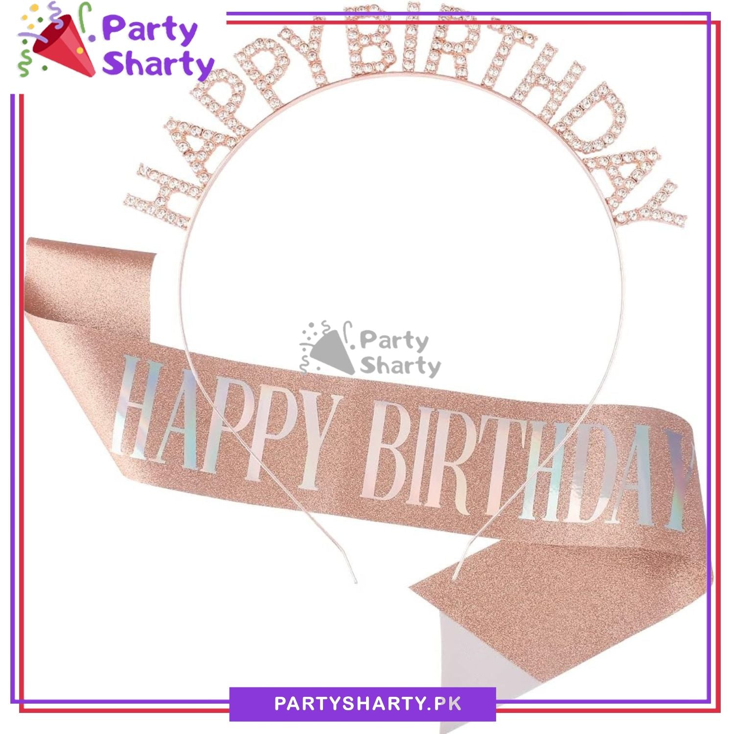 2pcs/Set Happy Birthday Glittered Sash with Rhinestones Hairband For Birthday Party Event and Celebration