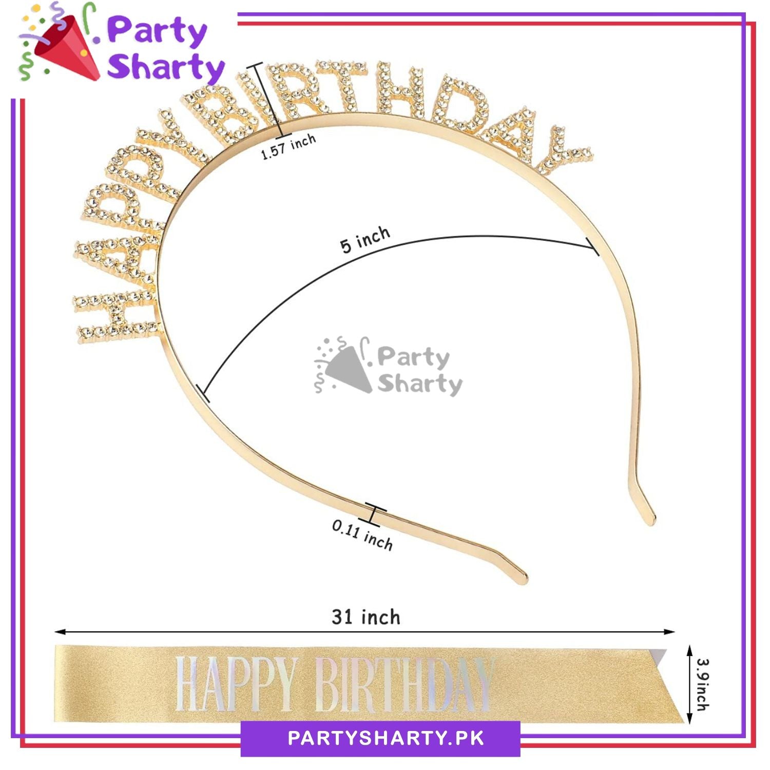 2pcs/Set Happy Birthday Glittered Sash with Rhinestones Hairband For Birthday Party Event and Celebration