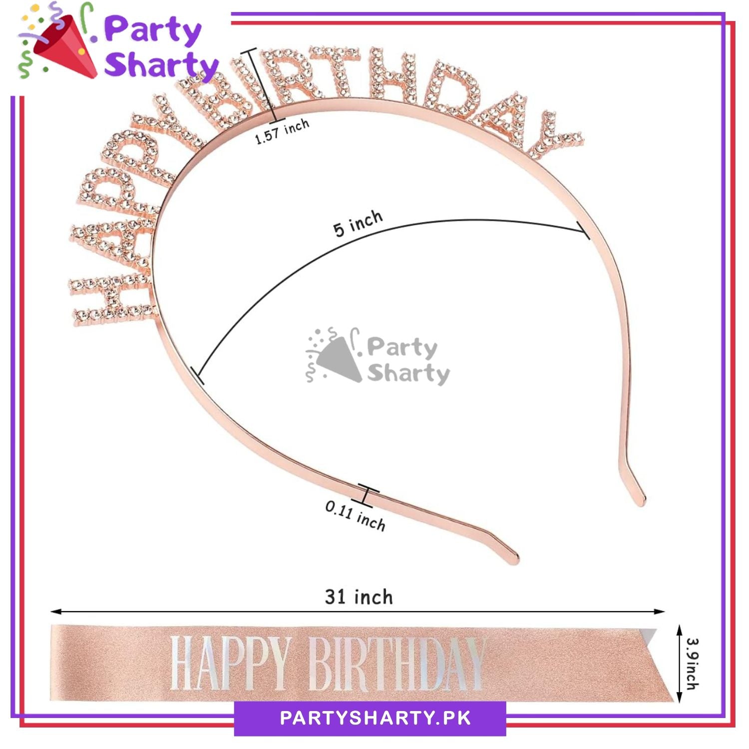 2pcs/Set Happy Birthday Glittered Sash with Rhinestones Hairband For Birthday Party Event and Celebration