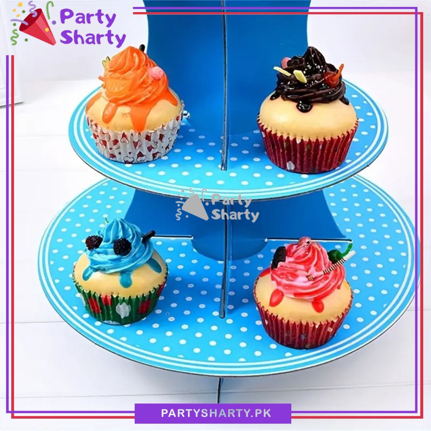 3-Tier Cupcake Stand, White Polka Dots Pattern Cardboard Cupcake Holder Stand For Birthday Party Decoration and Celebration