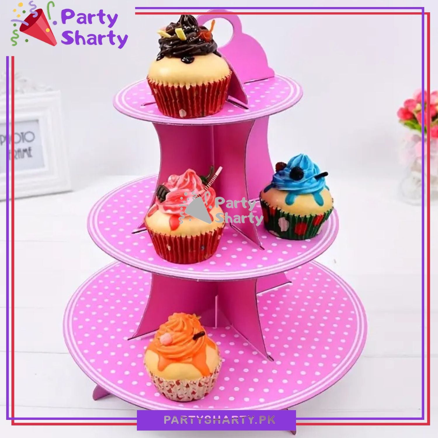 3-Tier Cupcake Stand, White Polka Dots Pattern Cardboard Cupcake Holder Stand For Birthday Party Decoration and Celebration