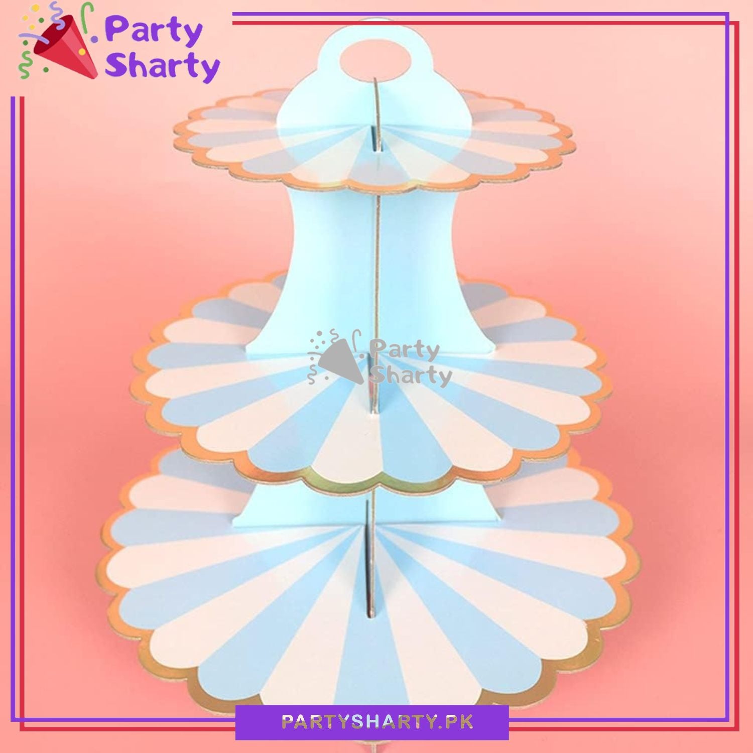 3-Tier Cupcake Stand, White Strip Pattern Cardboard Cupcake Holder Stand For Candyland Birthday Party Decoration and Celebration