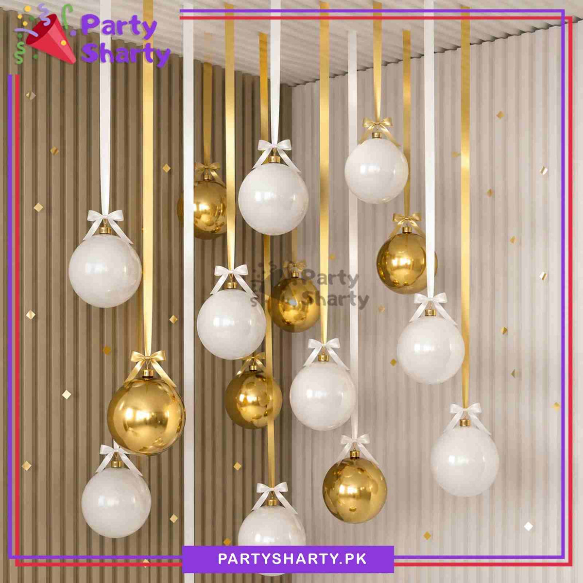 36pcs White & Golden Orbz Foil Balloons With Ribbons Set For Birthday Party Celebration