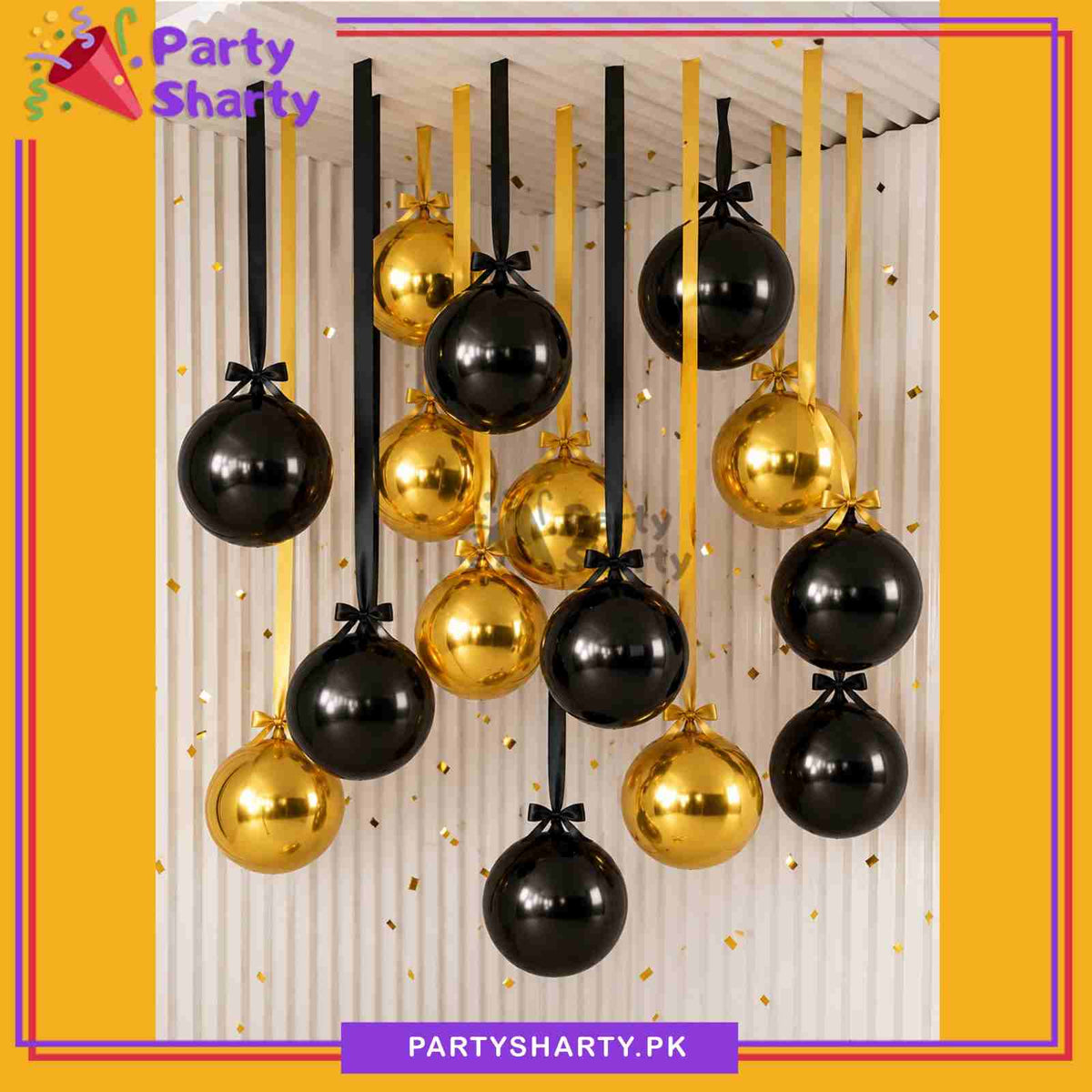36pcs Black & Golden Orbz Foil Balloons With Ribbons Set For Birthday Party Celebration