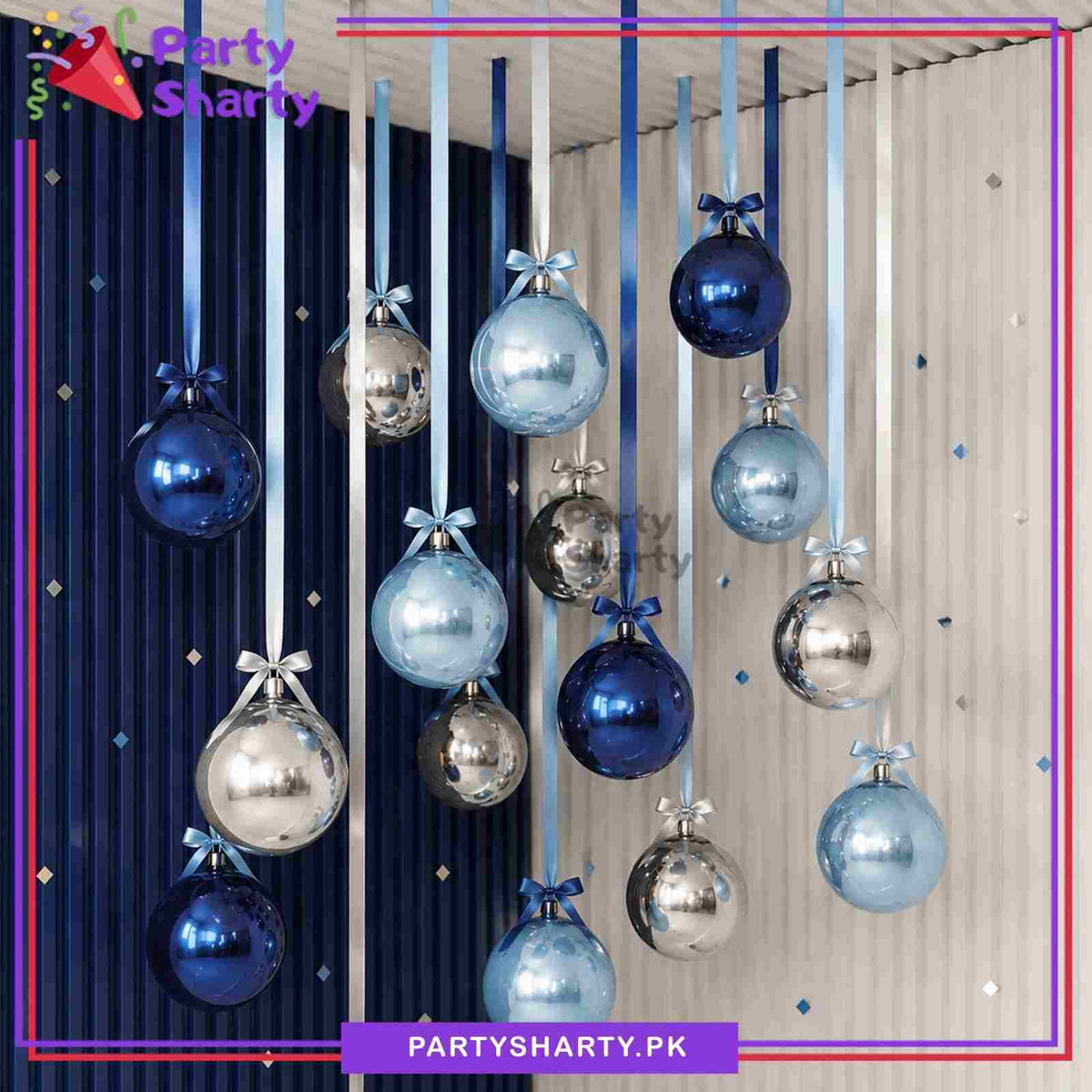 37pcs Silver, Dark & Light Blue Orbz Foil Balloons With Ribbons Set For Birthday Party Celebration