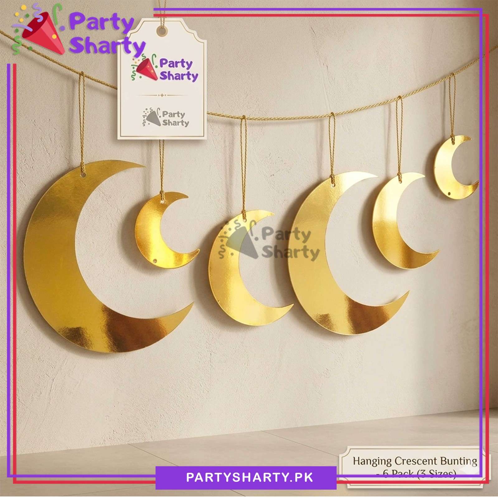 6pcs Golden Crescent Moon Shaped Card Bunting for Ramadan Iftar Party & Eid Decoration