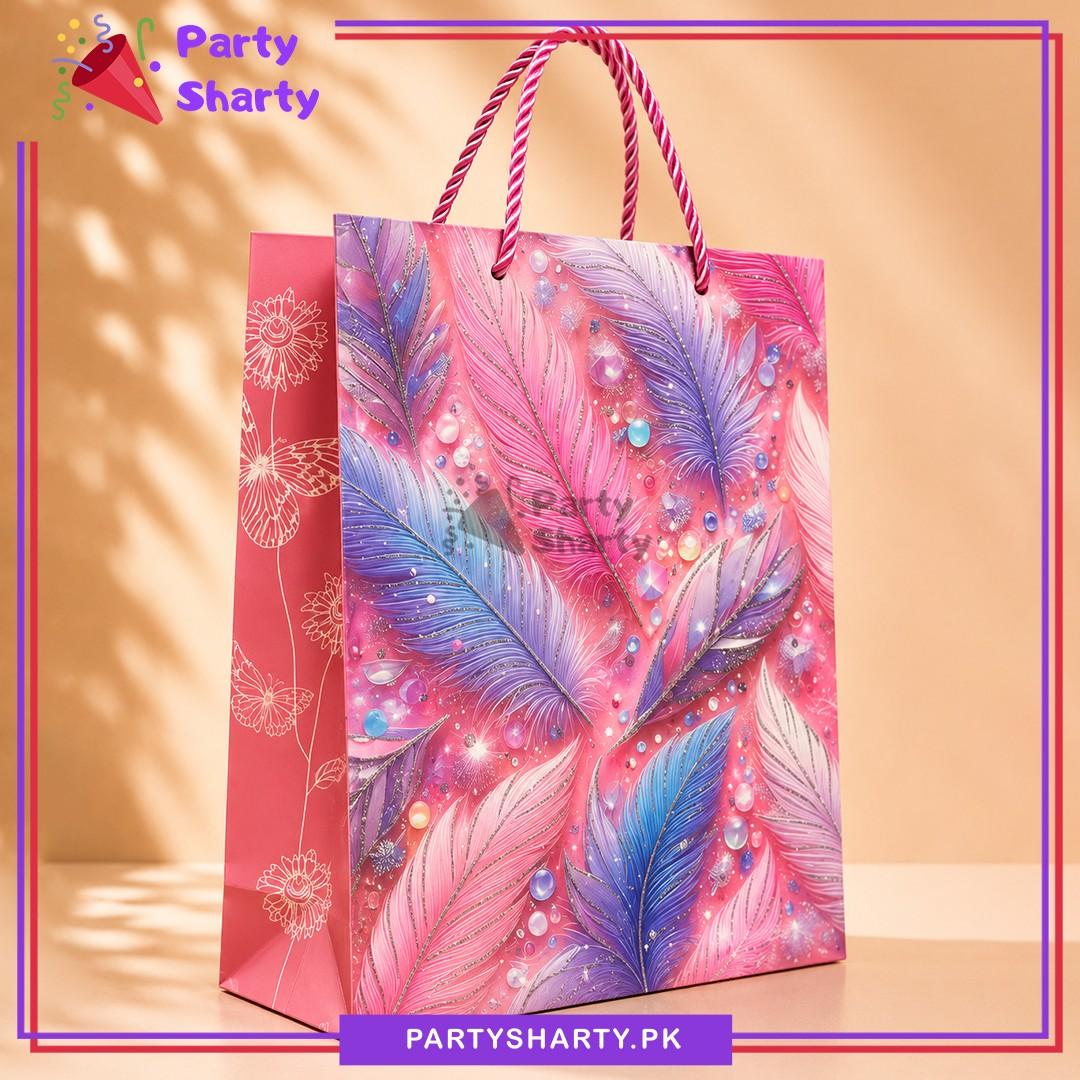 Glitter Blue & Pink Feather Printed Design Gift Bag
