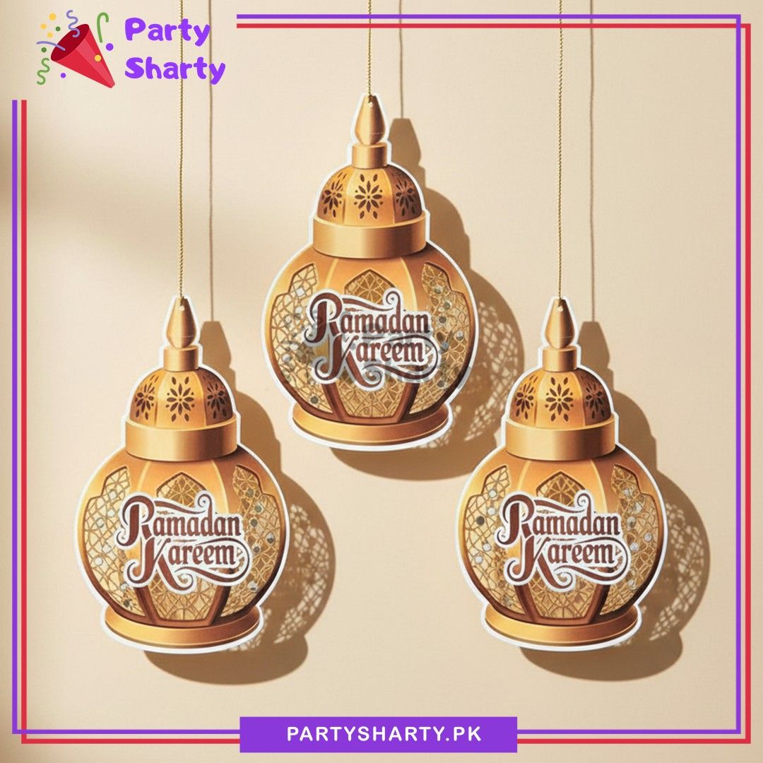 3pcs/Set White & Golden Ramadan Kareem Card Hanging Lantern Shape For Ramadan Decoration