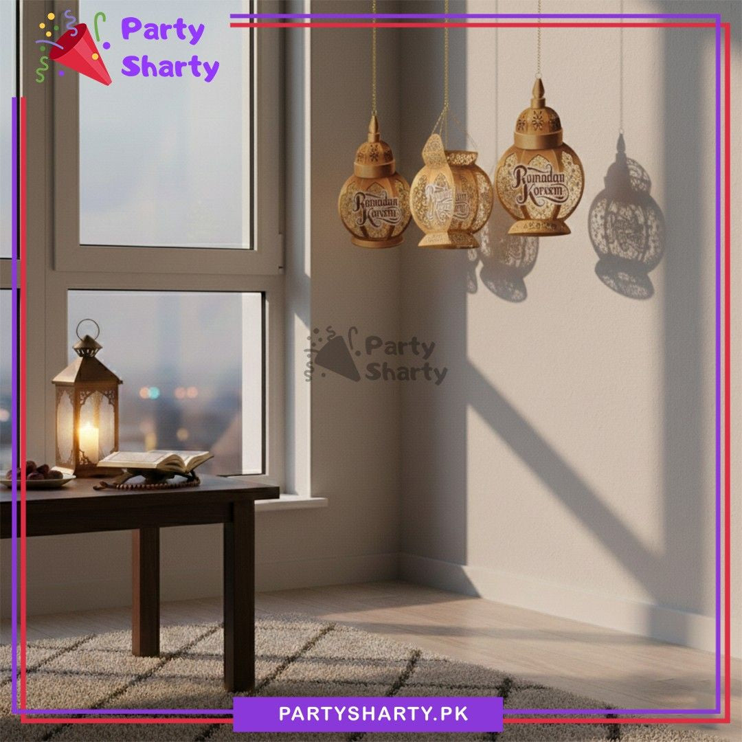 3pcs/Set White & Golden Ramadan Kareem Card Hanging Lantern Shape For Ramadan Decoration