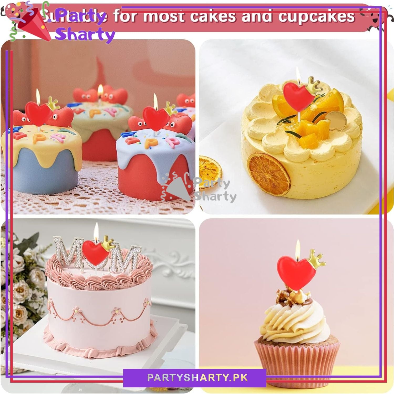 3pcs/Set Red Heart with Golden Crown Shaped Candle For Creative Birthday Cake Candle / Party Supplies