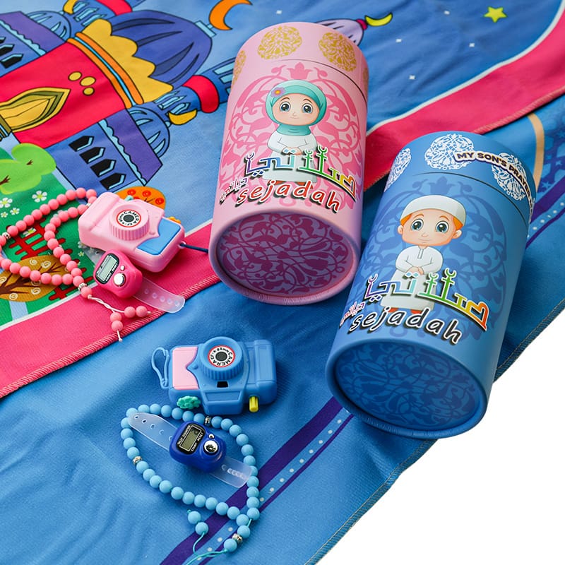 4pcs/Set Premium Kids Prayer Mat Gift Set with Matching Storage Tube & Digital Tasbih For Giveaways