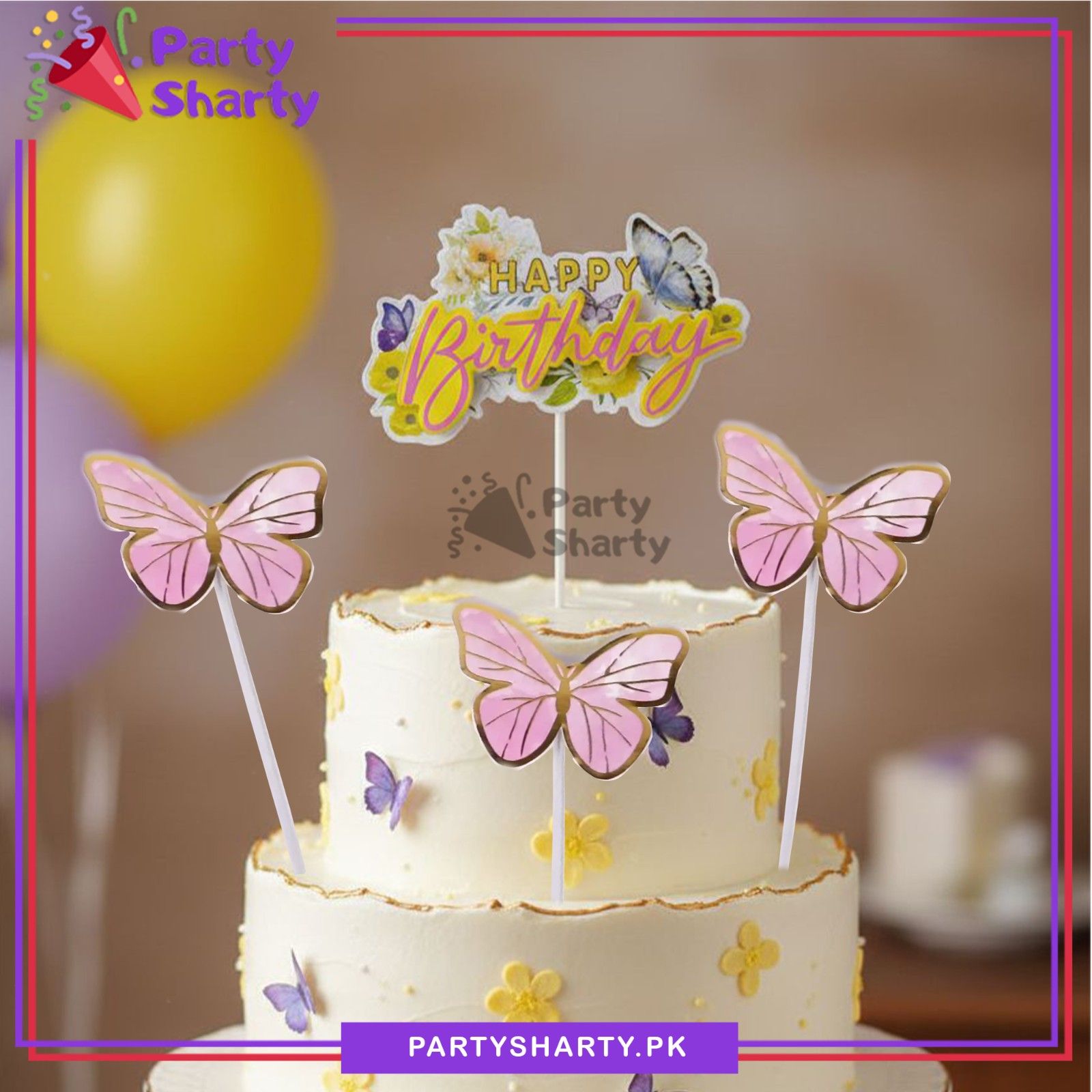 4pcs/set Pink with Golden Foil Print Butterfly Theme Cake Topper For Cake Decoration