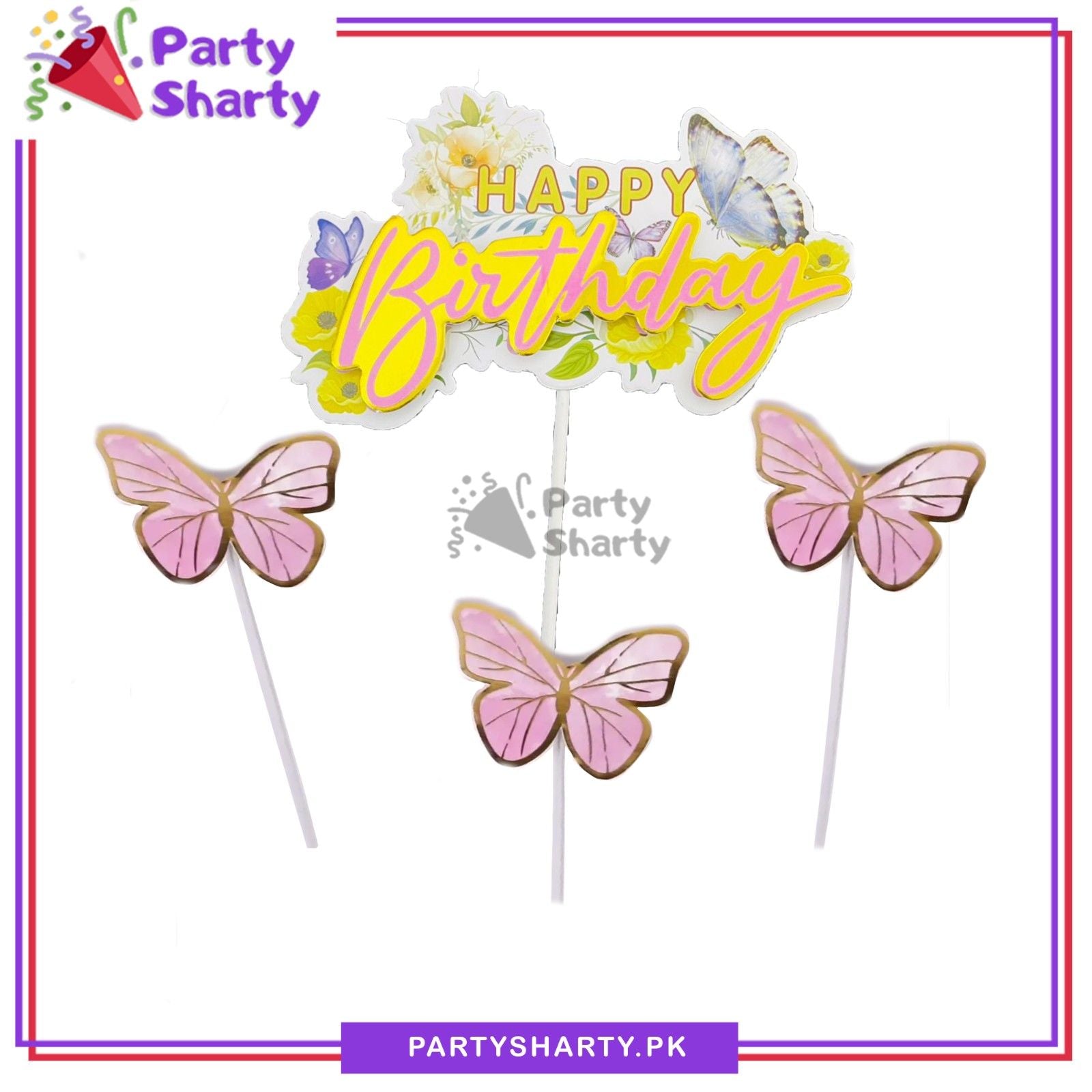 4pcs/set Pink with Golden Foil Print Butterfly Theme Cake Topper For Cake Decoration