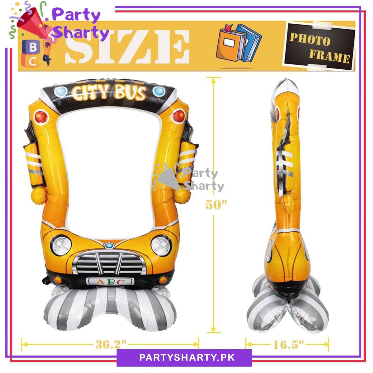 50inches City Bus Photo Frame Airloonz Foil Balloon For Back to School / Cocomelon Theme Birthday Party Decoration and Celebration