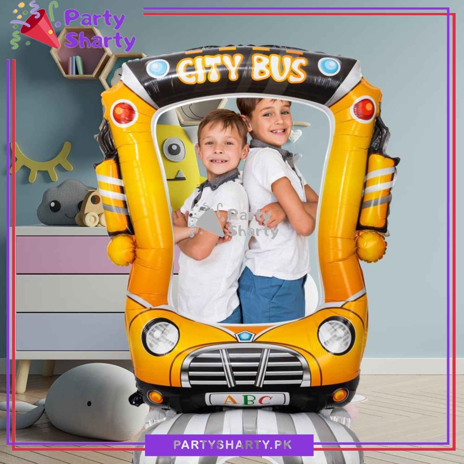 50inches City Bus Photo Frame Airloonz Foil Balloon For Back to School / Cocomelon Theme Birthday Party Decoration and Celebration