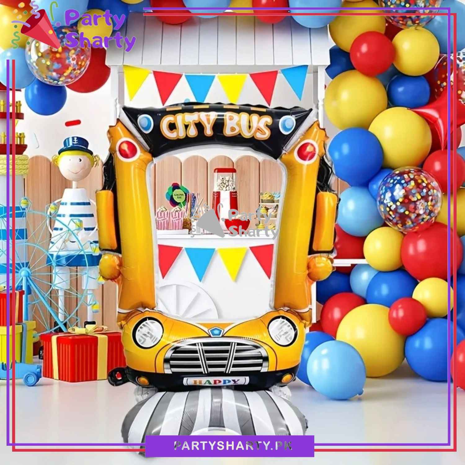 50inches City Bus Photo Frame Airloonz Foil Balloon For Back to School / Cocomelon Theme Birthday Party Decoration and Celebration
