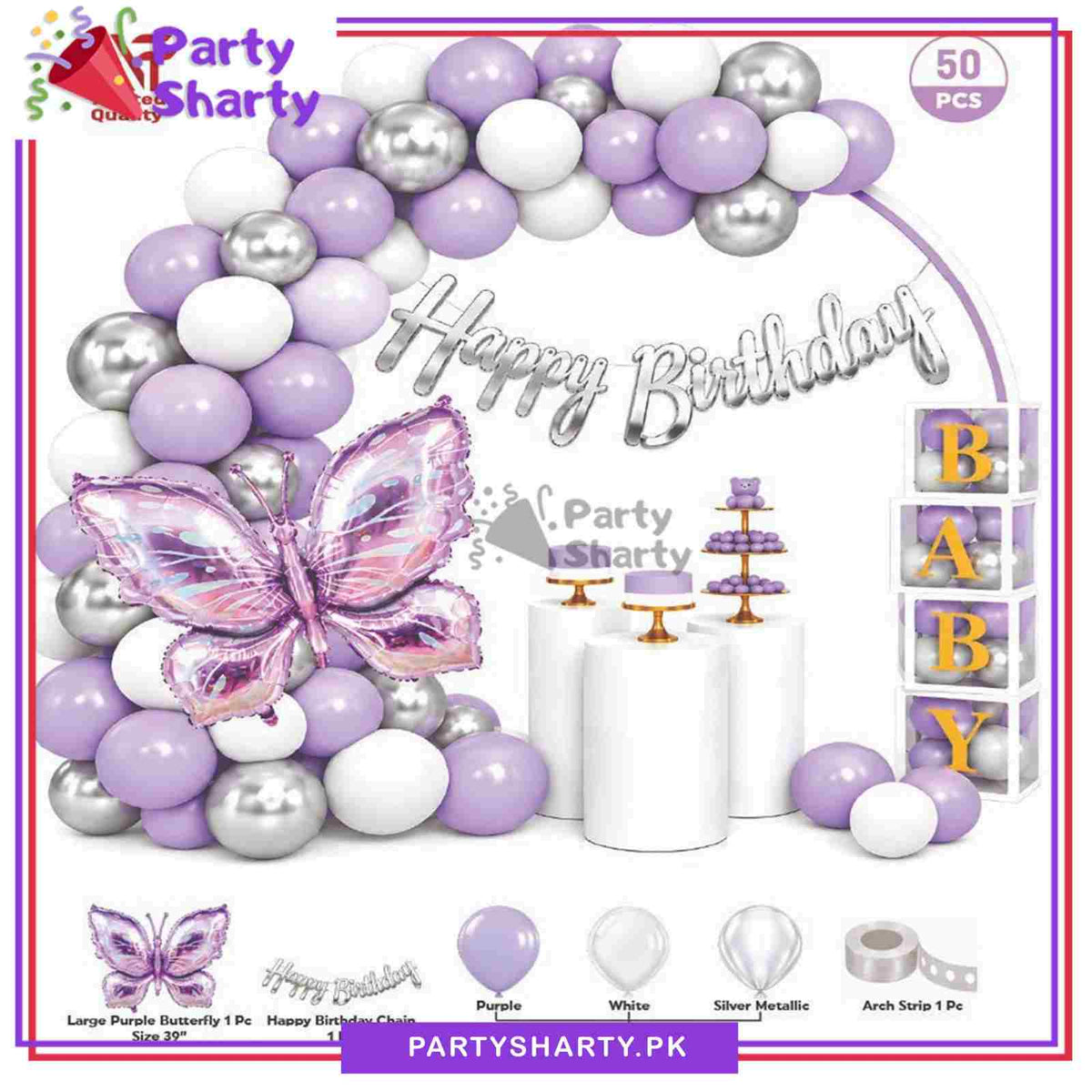 50pcs Purple, White and Silver Metallic Butterfly Theme Balloons Garland Set