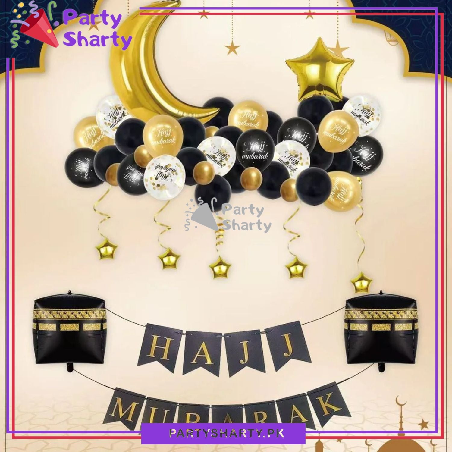 52pcs Hajj Mubarak Black & Golden Theme Set for Hajj Mubarak Decoration and Celebration