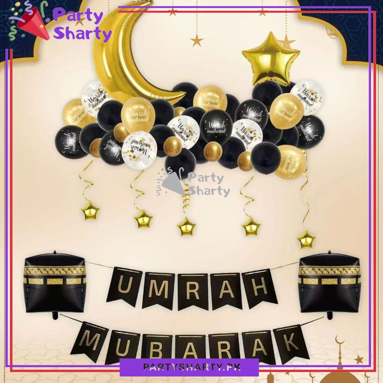 52pcs Umrah Mubarak Black & Golden Theme Set for Umrah Mubarak Decoration and Celebration
