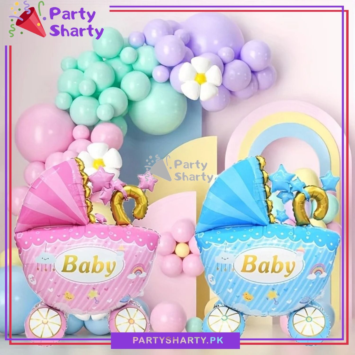 55inches Pink / Blue Color Baby Cart Shaped Foil Balloon for Baby Shower & Gender Reveal Party Decoration