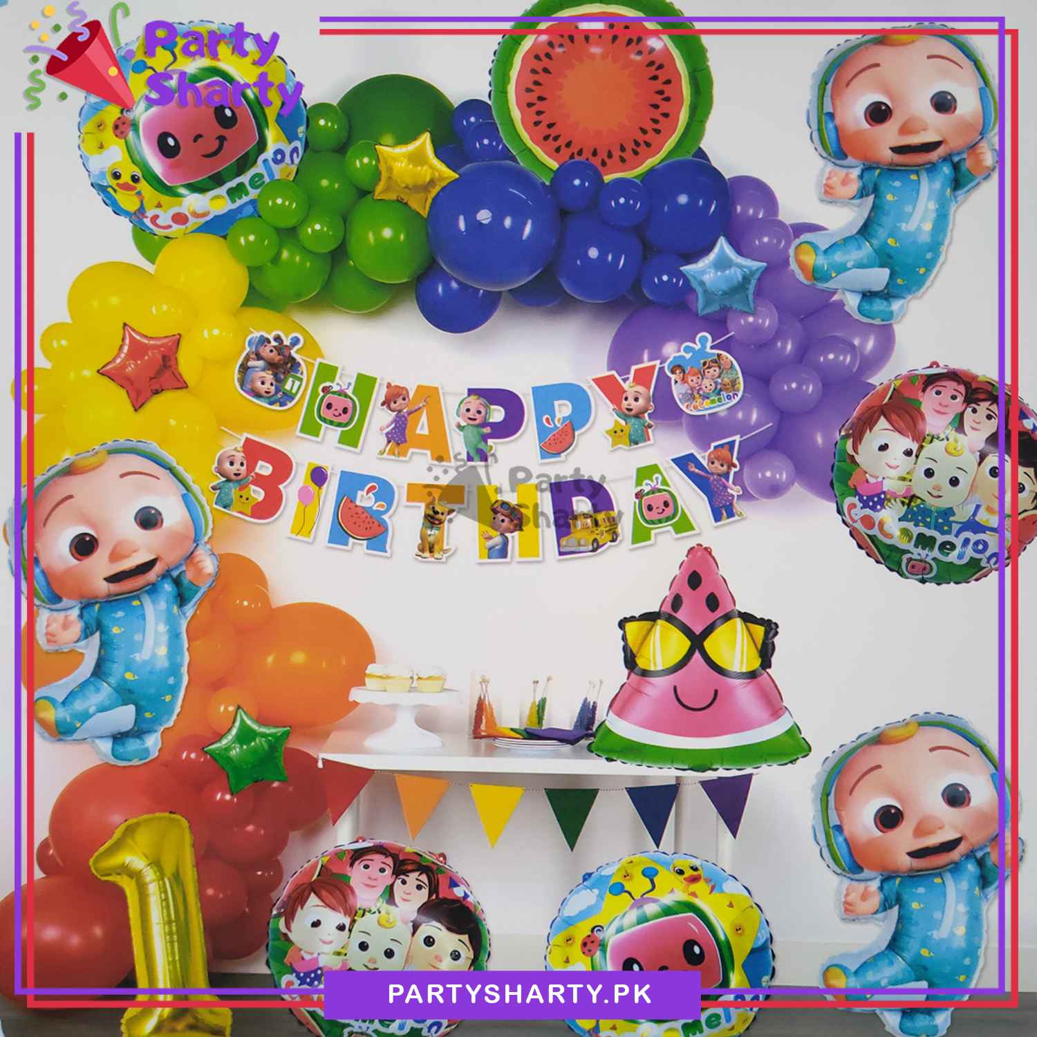 57pcs Happy Birthday Cocomelon Theme Banner with Multi Color Balloons Set for Birthday Decoration and Celebration