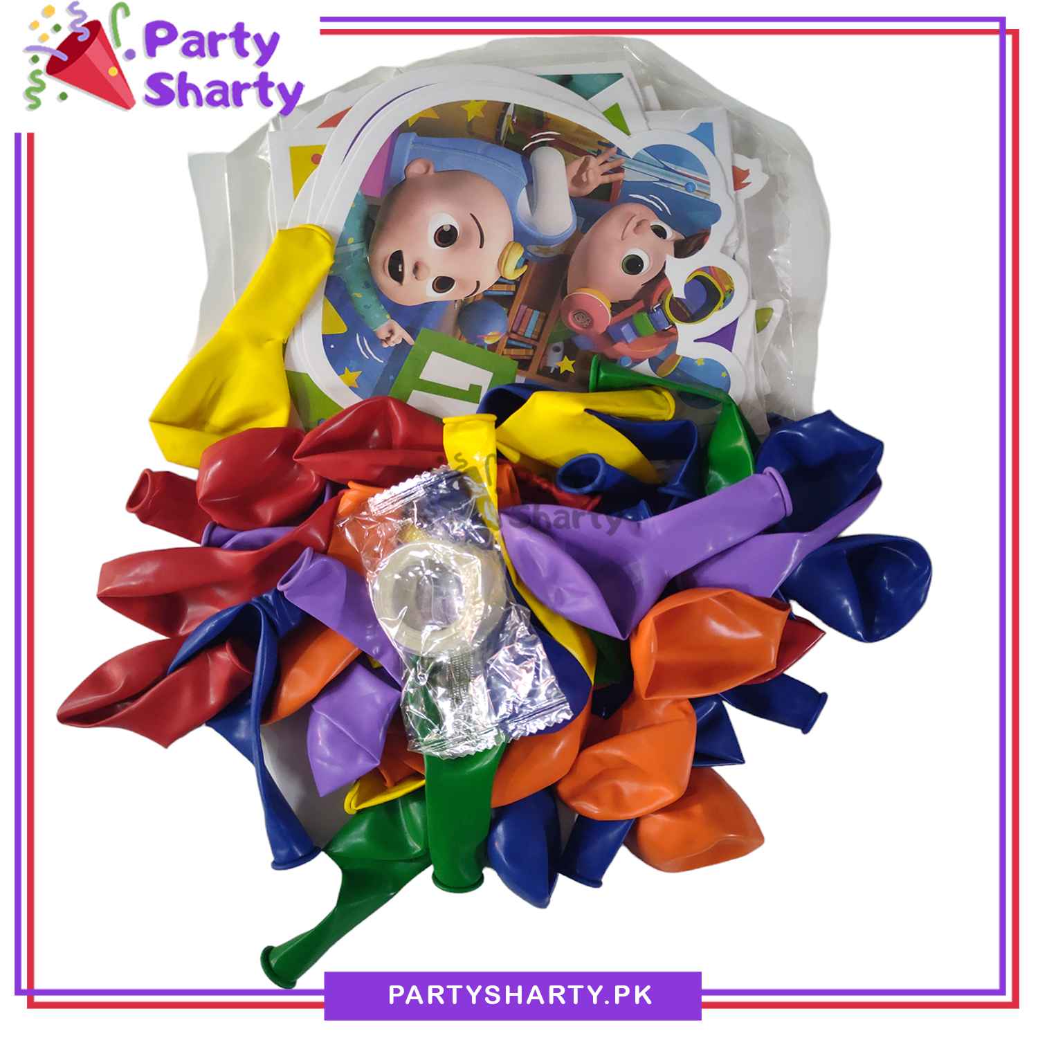 57pcs Happy Birthday Cocomelon Theme Banner with Multi Color Balloons Set for Birthday Decoration and Celebration