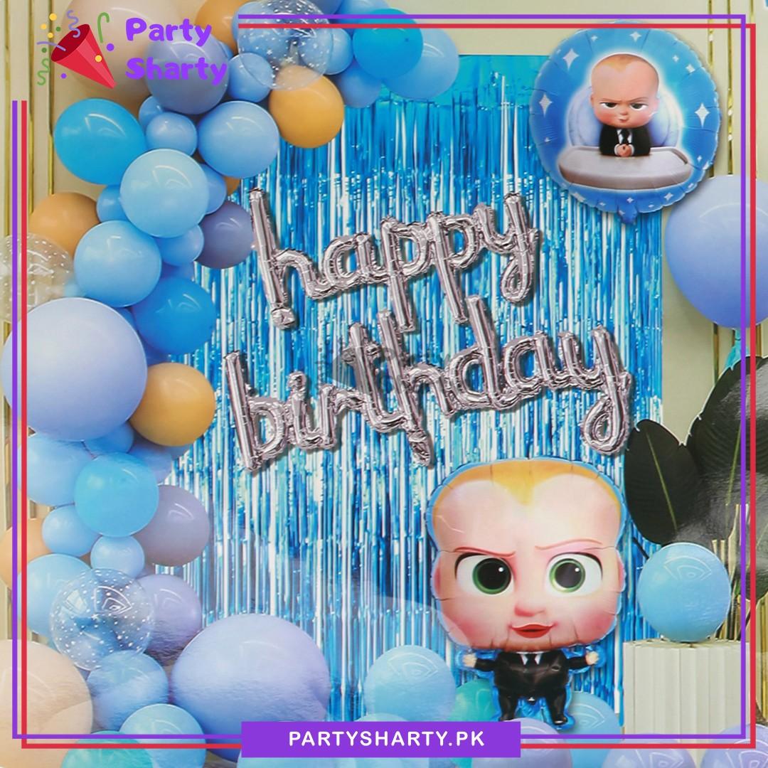 58pcs Silver Scripted Happy Birthday with Boss Baby Theme Set for Theme Based Birthday Decoration & Celebration