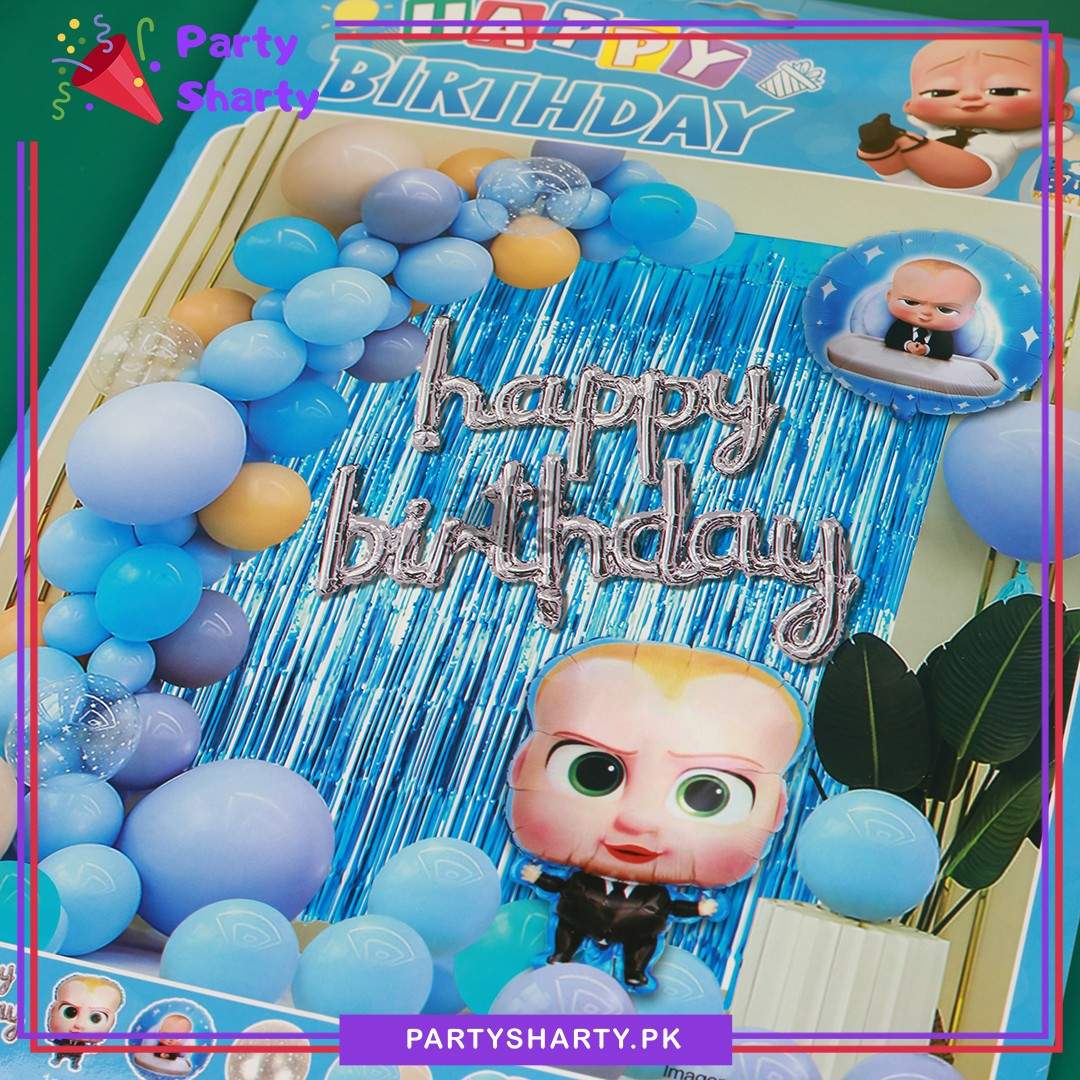 58pcs Silver Scripted Happy Birthday with Boss Baby Theme Set for Theme Based Birthday Decoration & Celebration