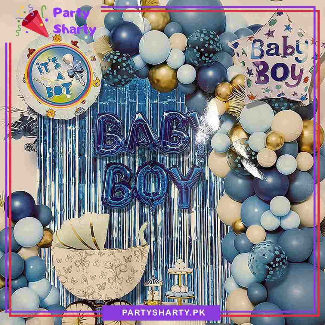 59pcs Blue Baby Boy with Vintage Cart Foil Balloon Theme Set For Welcome Baby Decoration