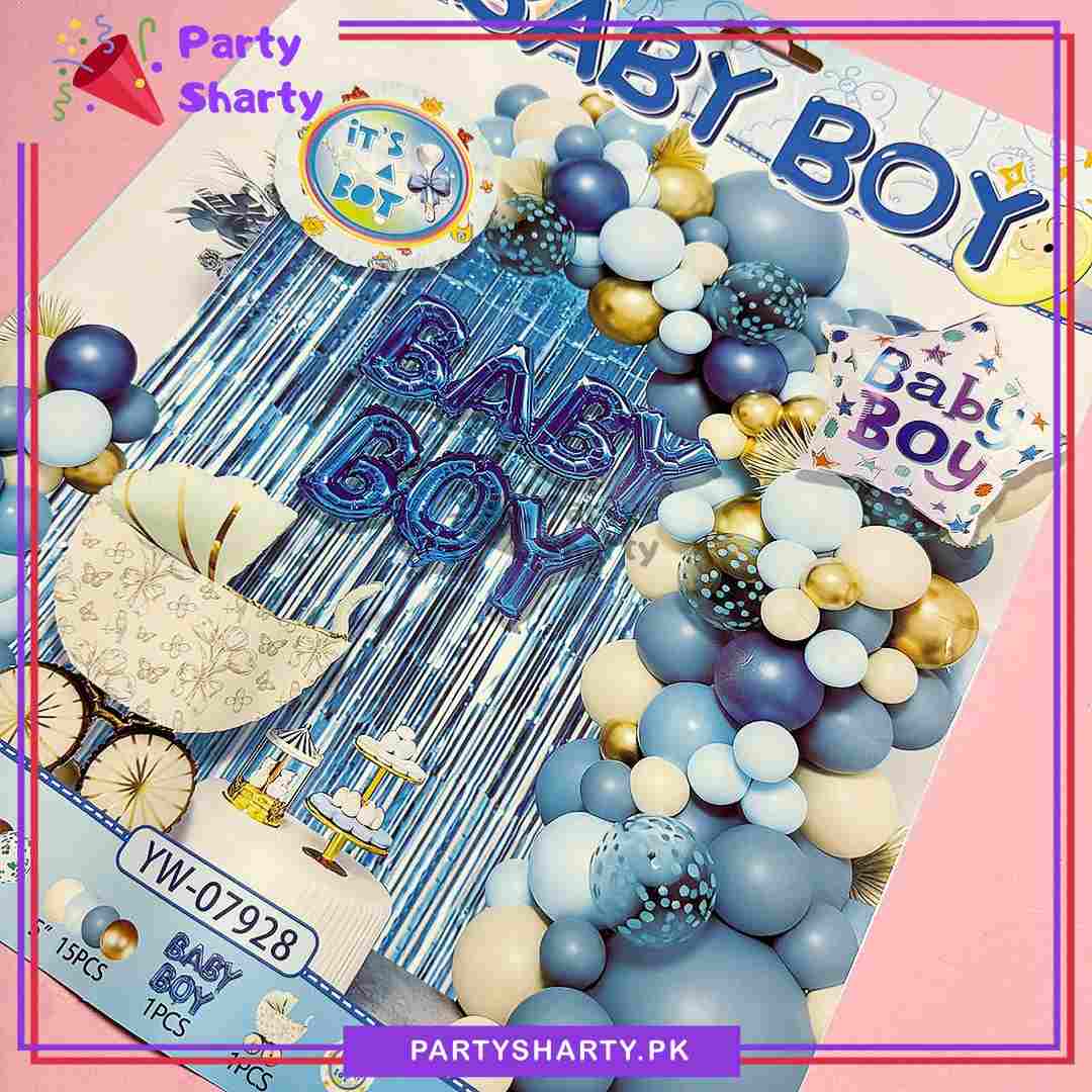 59pcs Blue Baby Boy with Vintage Cart Foil Balloon Theme Set For Welcome Baby Decoration