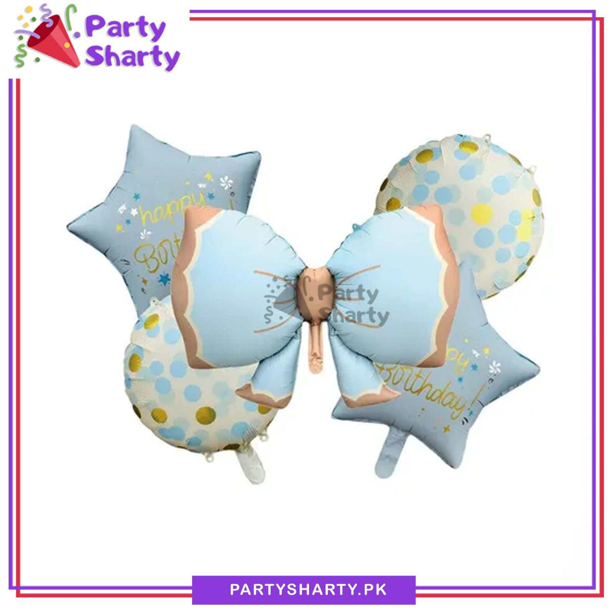 5pcs Blue Bow with Happy Birthday Printed Stars Foil Balloons Set For Theme Party Decoration