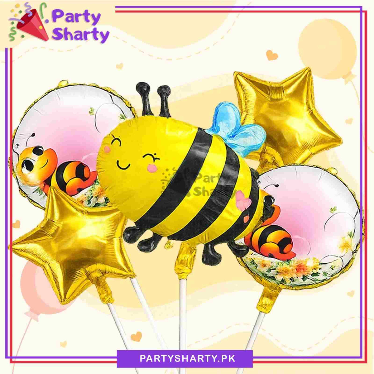 5pcs Cute Honey Bee with Printed Rounds Foil Balloons Set For Honey Bee Theme Birthday Celebration