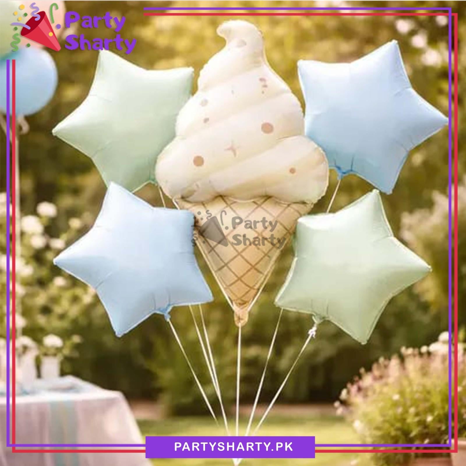 5pcs Matte Color Ice-cream Cone with Star Foil Balloons for Candyland Theme Party Decoration