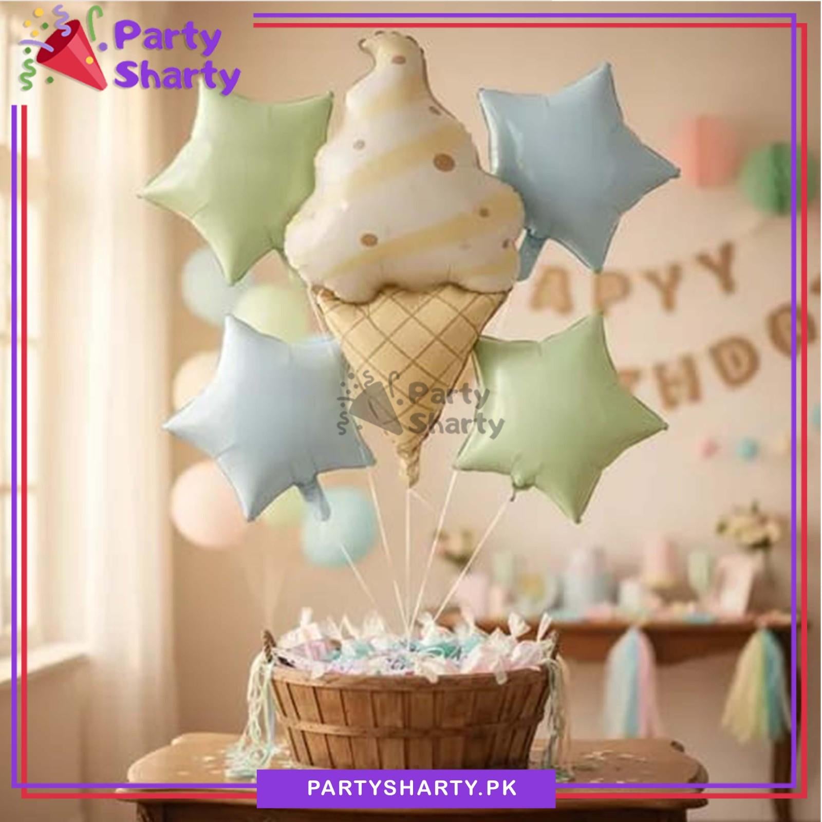 5pcs Matte Color Ice-cream Cone with Star Foil Balloons for Candyland Theme Party Decoration