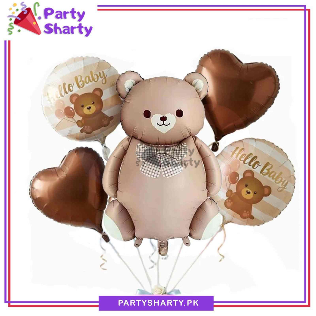 5pcs Matte Teddy Bear With Hello Baby Round Shaped Foil Balloons For Teddy Theme Party Decoration