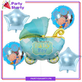 5pcs Baby Boy / Girl Cute Cart Shaped with Printed Round Foil Balloons Set For Welcome Baby Decoration