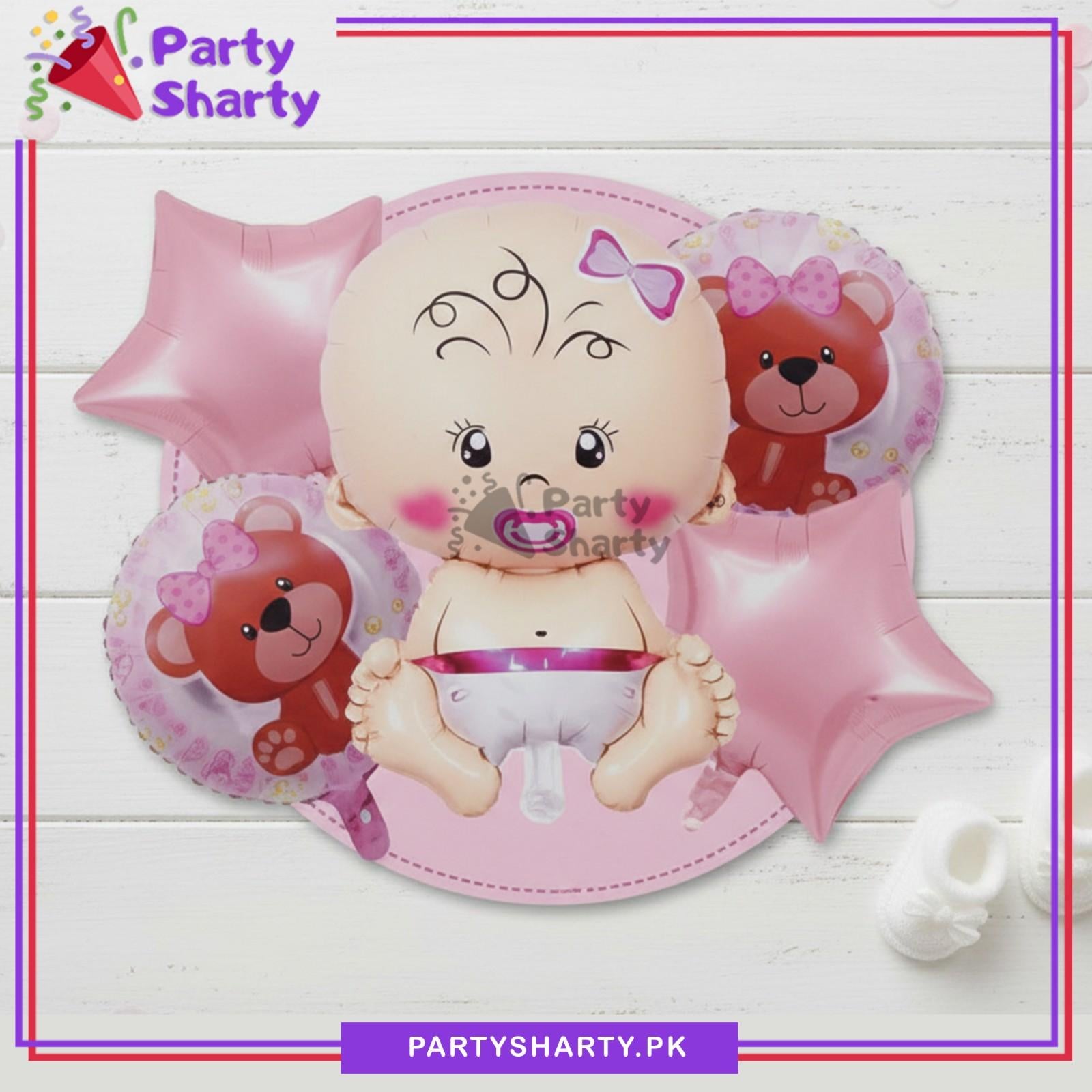 5pcs/Set Cute Baby Girl Shaped with Teddy Bear Round Foil Balloons For Welcome Baby Decoration