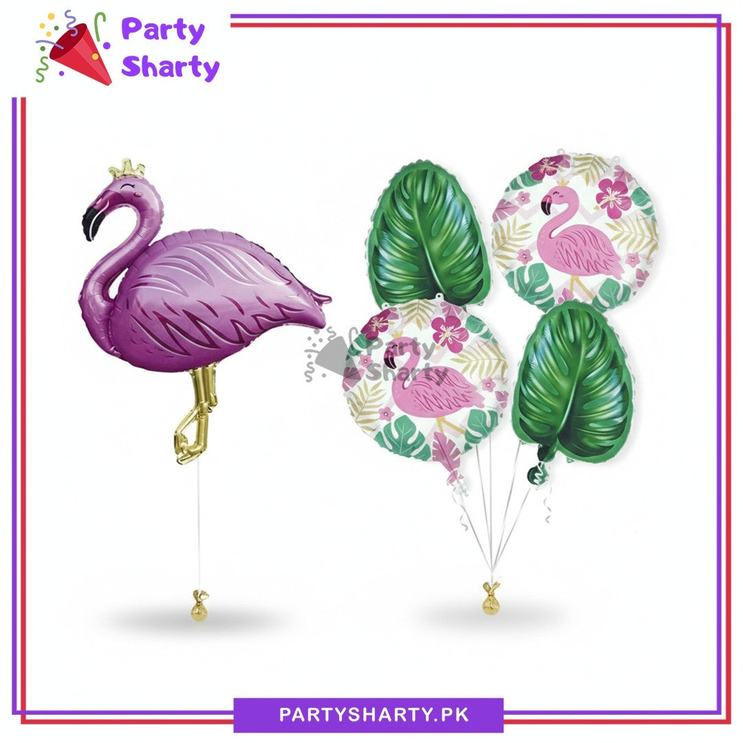 5pcs/Set Pink Flamingo with Leaves & Round Shaped Foil Balloon For Theme Party Decoration & Celebrations