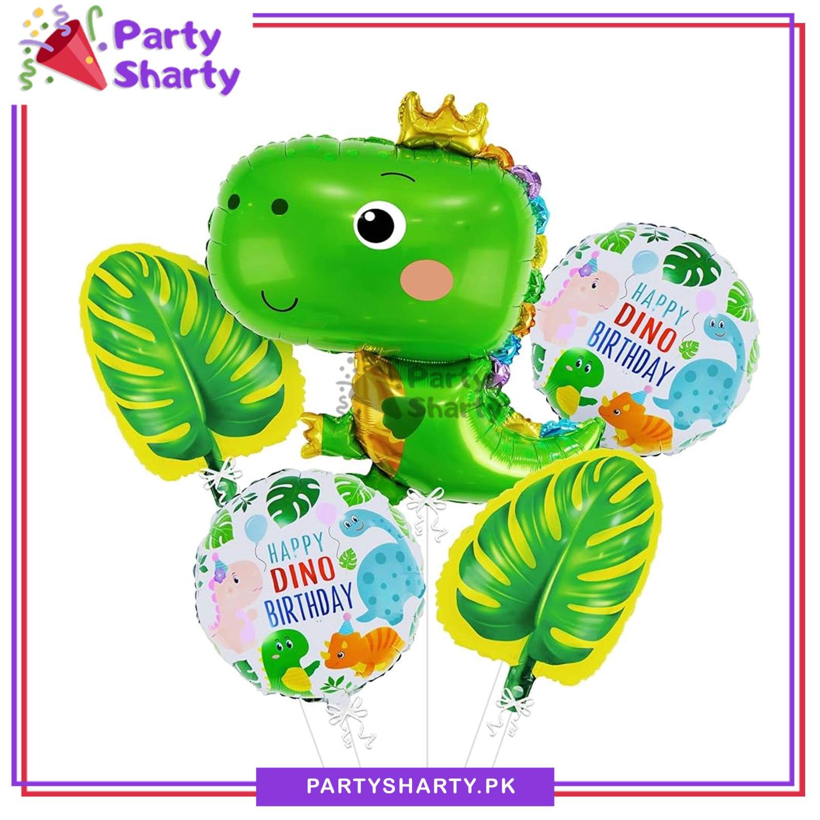 5pcs/Set Dino With Leaves Foil Balloons Set For Dinosaur / Dragon Theme Party Decoration