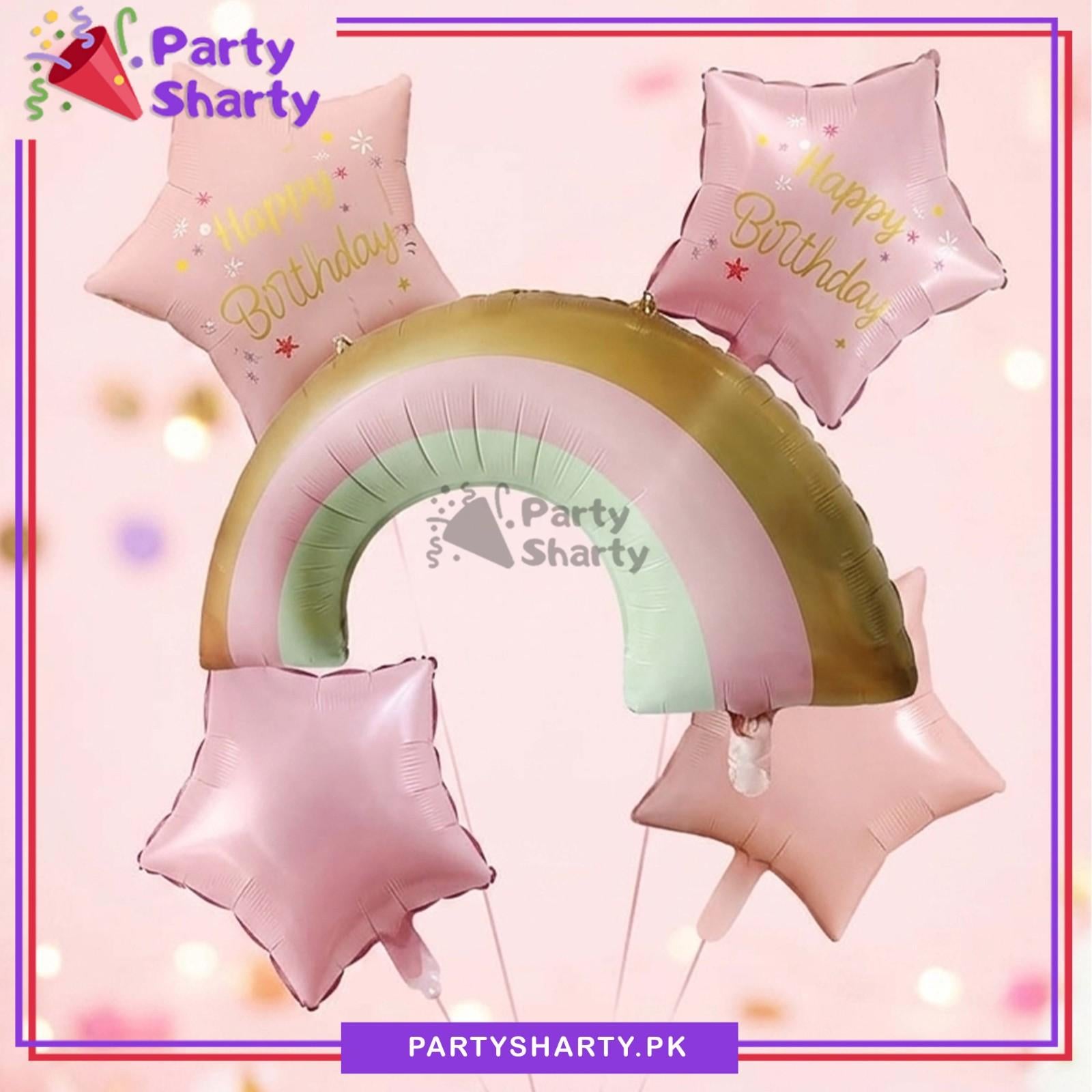 5pcs Matte Pink Color Rainbow Shaped Foil With Stars Foil For Theme Party Decoration