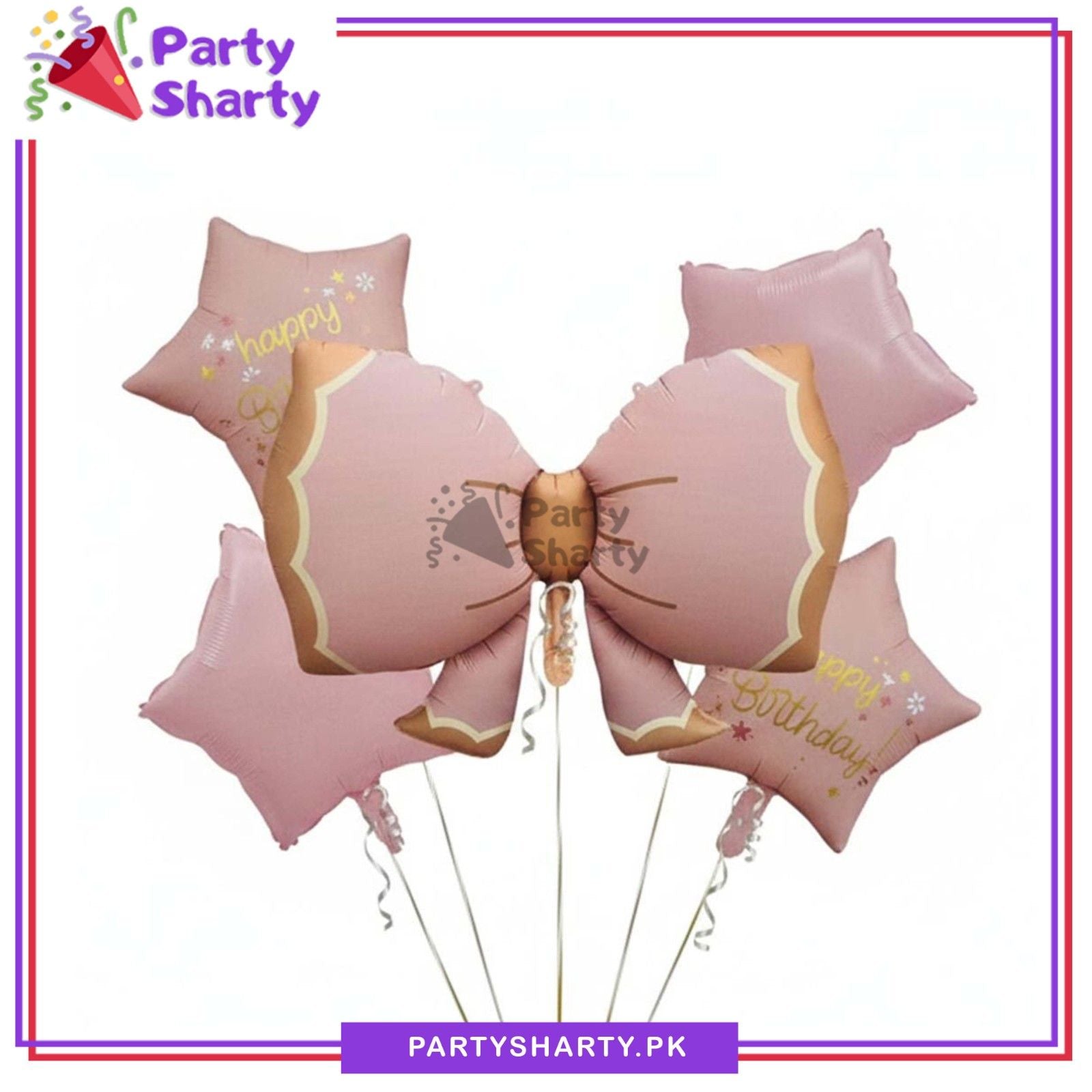 5pcs Pink Bow with Happy Birthday Printed Stars Foil Balloons Set For Theme Party Decoration