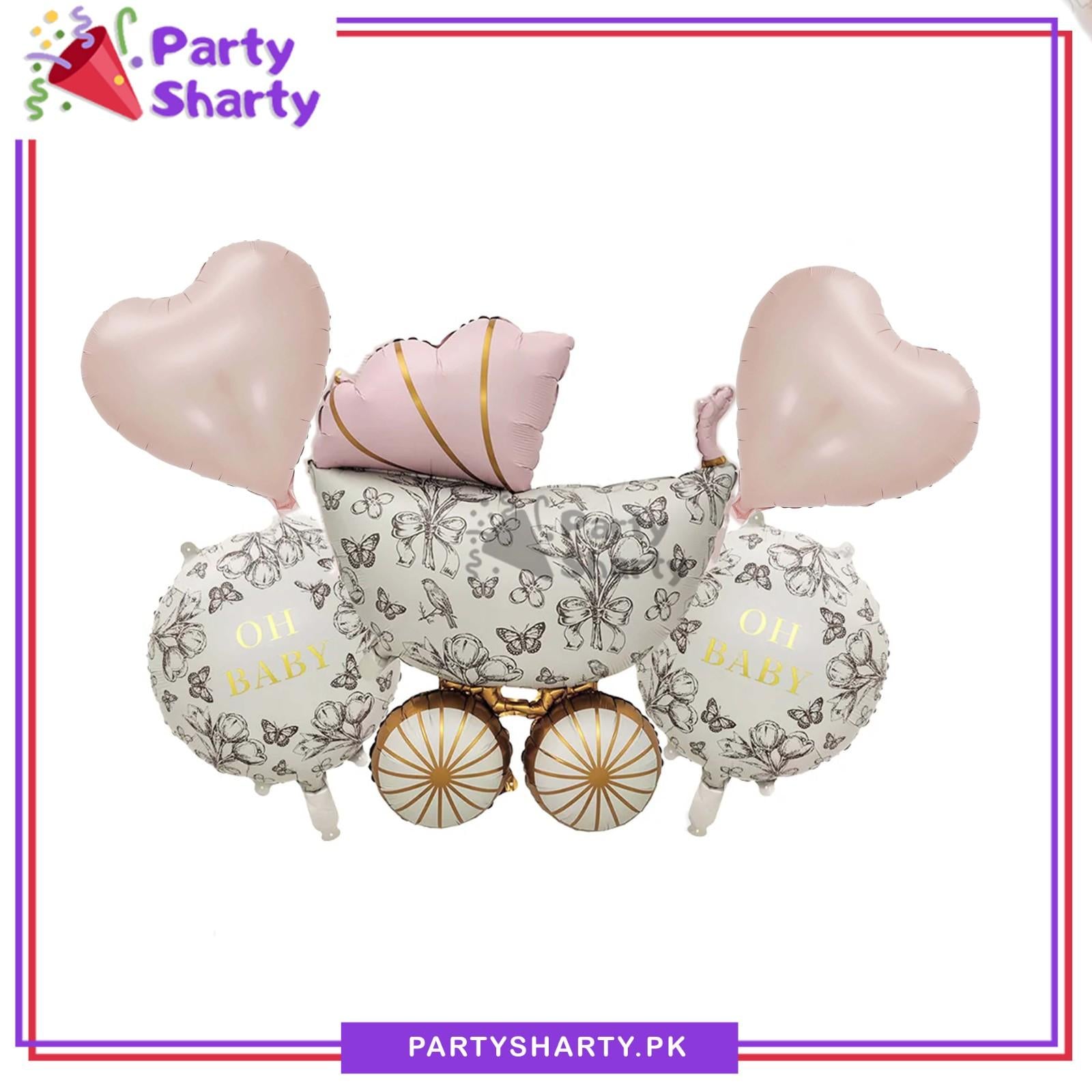 5pcs Pink OH BABY With Vintage Baby Pram Stroller Cart Foil Balloons Set For Welcome Baby Decoration