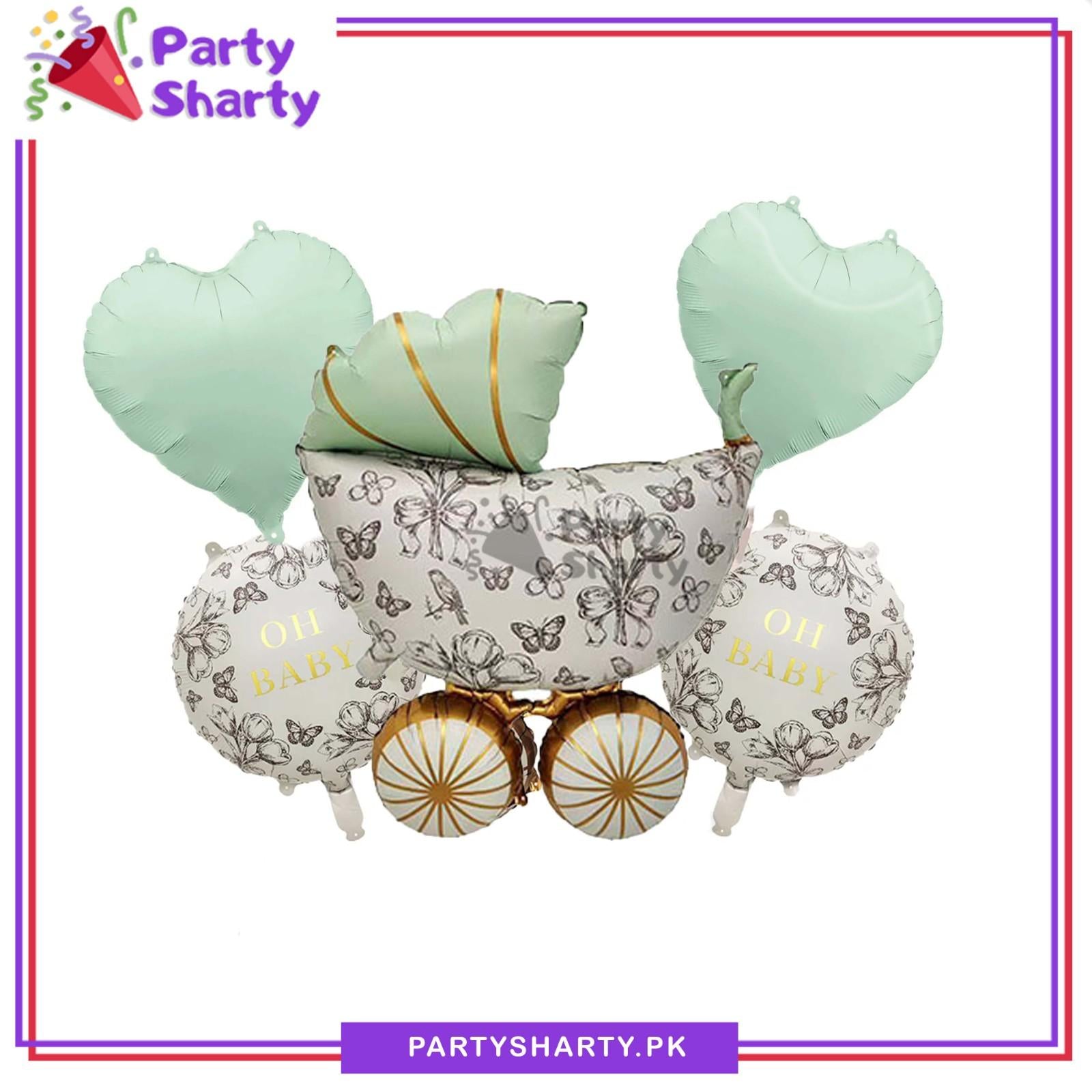 5pcs Sea Green OH BABY With Vintage Baby Pram Stroller Cart Foil Balloons Set For Welcome Baby Decoration
