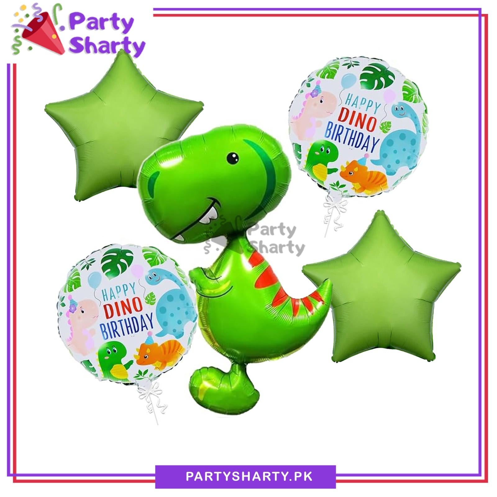 5pcs/Set T-Rex Dino With Stars Foil Balloons Set For Dinosaur / Dragon Theme Party Decoration
